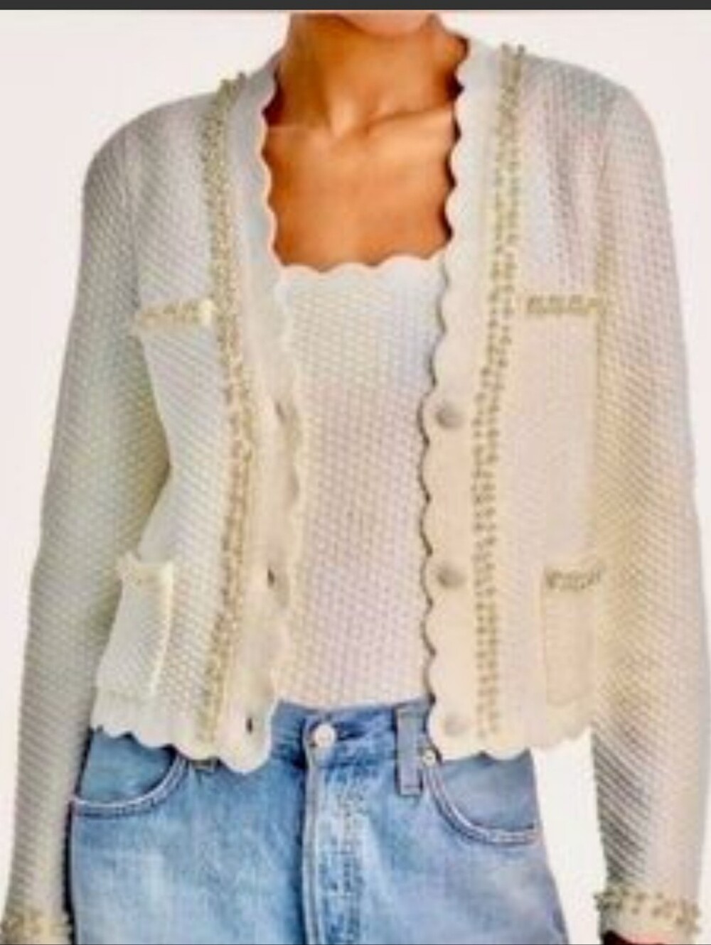 House Of Harlow Scallop-Trim Cream Knit Cardigan Pearls Sz Medium Ecru